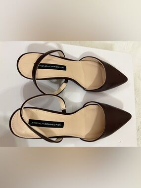 French Connection Dark Brown Pointed-Toe Ankle Strap Heels